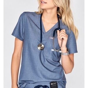 figs catarina scrub top, i believe in color heather denim